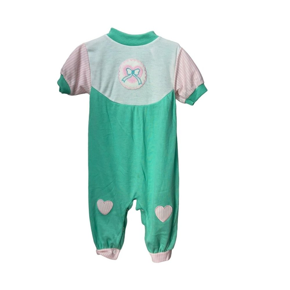 Terry Brand Teal White Pink Bow Size Large Button Bottom Footless Short Sleeve O